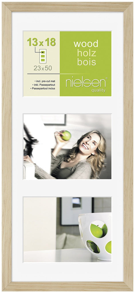 Nielsen Apollo Natural Wood Frame 23 x 50 cm MULTI (3 aperture 5" x 7" mount) - Snap Frames 